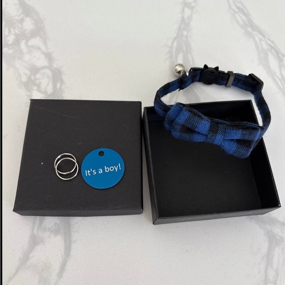 Blue Plaid Cat Collar with tag for gender reveal